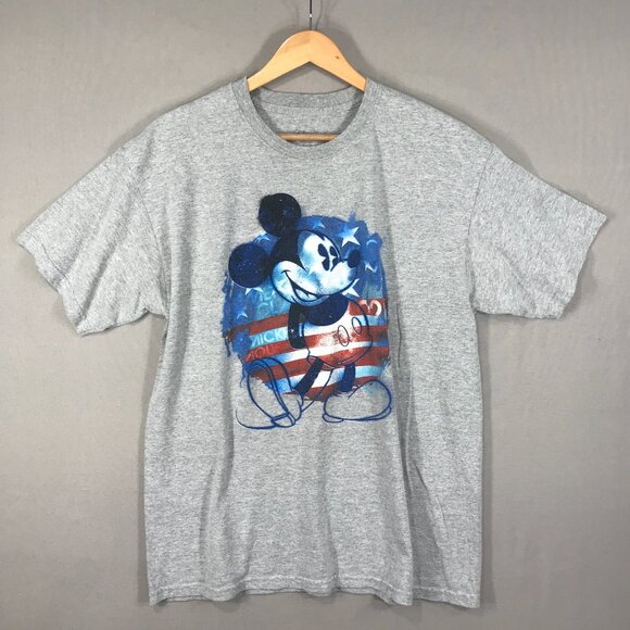Disney Mickey Mouse Shirt Adult's Large Gray Graphic Tee American Flag Patriotic - Picture 1 of 9